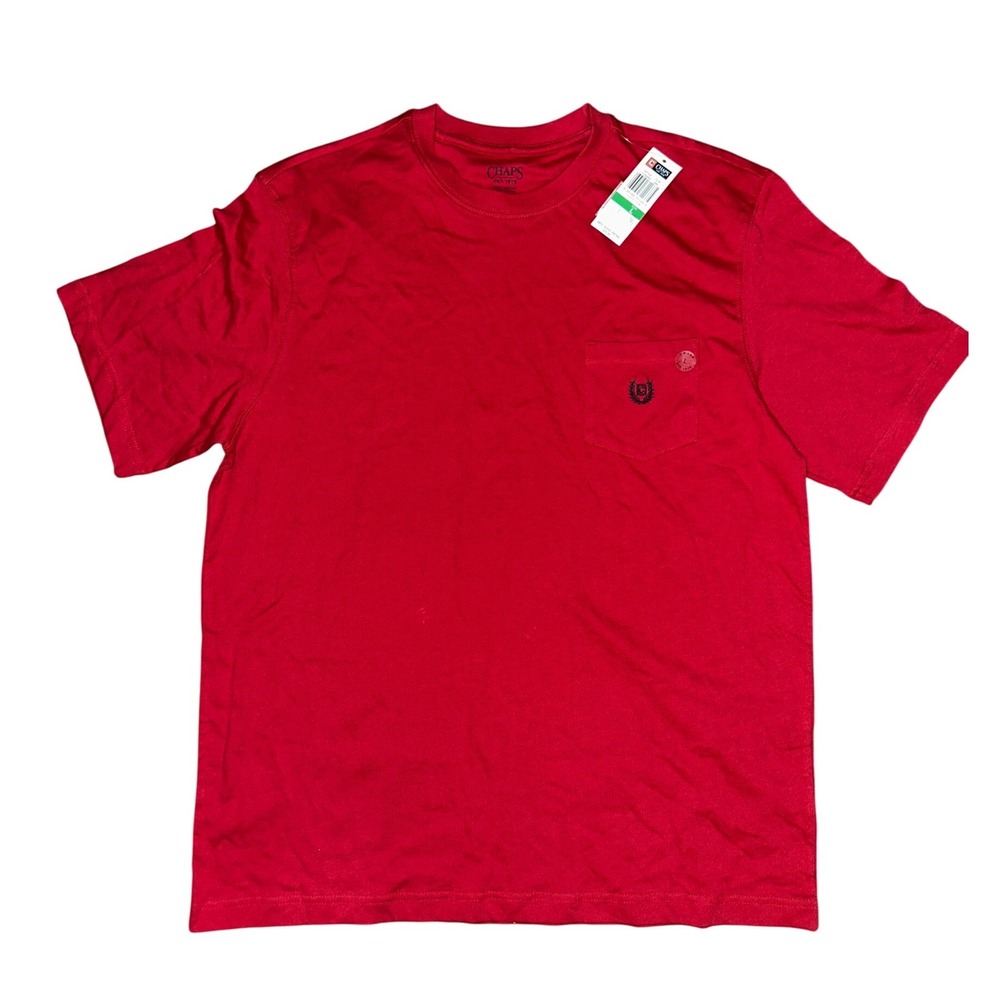 Chaps Mens Red Short Sleeve Pocket T-Shirt Embroidered Crest Logo 100% Cotton L
